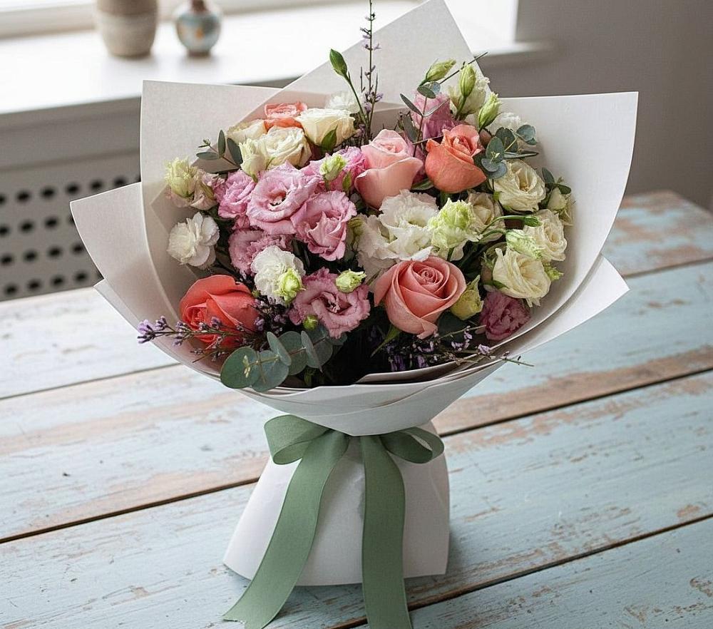 Букет цветов из: Розы, Лизиантусы и Гвоздики в Раздольном Ставропольского края