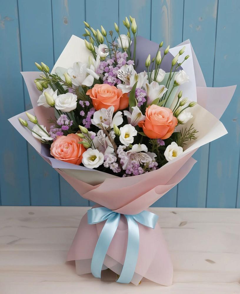 Букет цветов из: Лизиантусы, Розы, Альстромерии и Гипсофила в Раздольном Ставропольского края