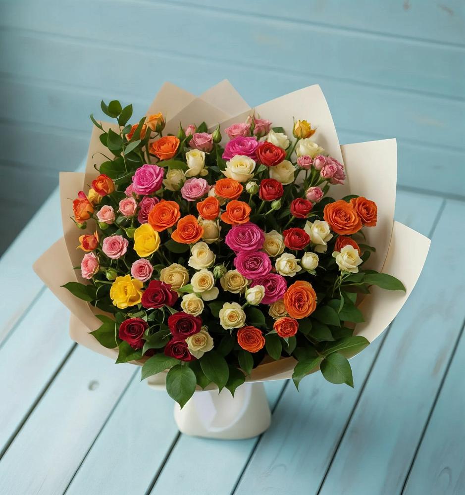Букет Микс из разноцветных кустовых роз в Раздольном Ставропольского края