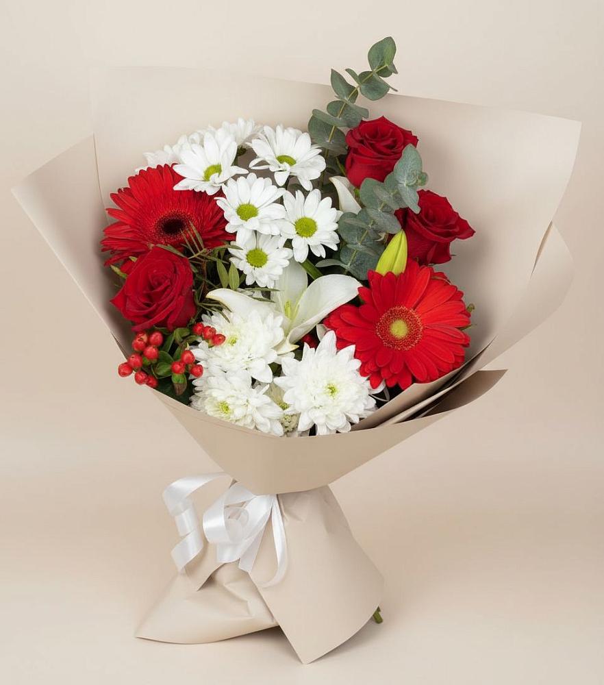 Букет цветов из: Розы, Хризантемы, Герберы и Лилии в Раздольном Ставропольского края