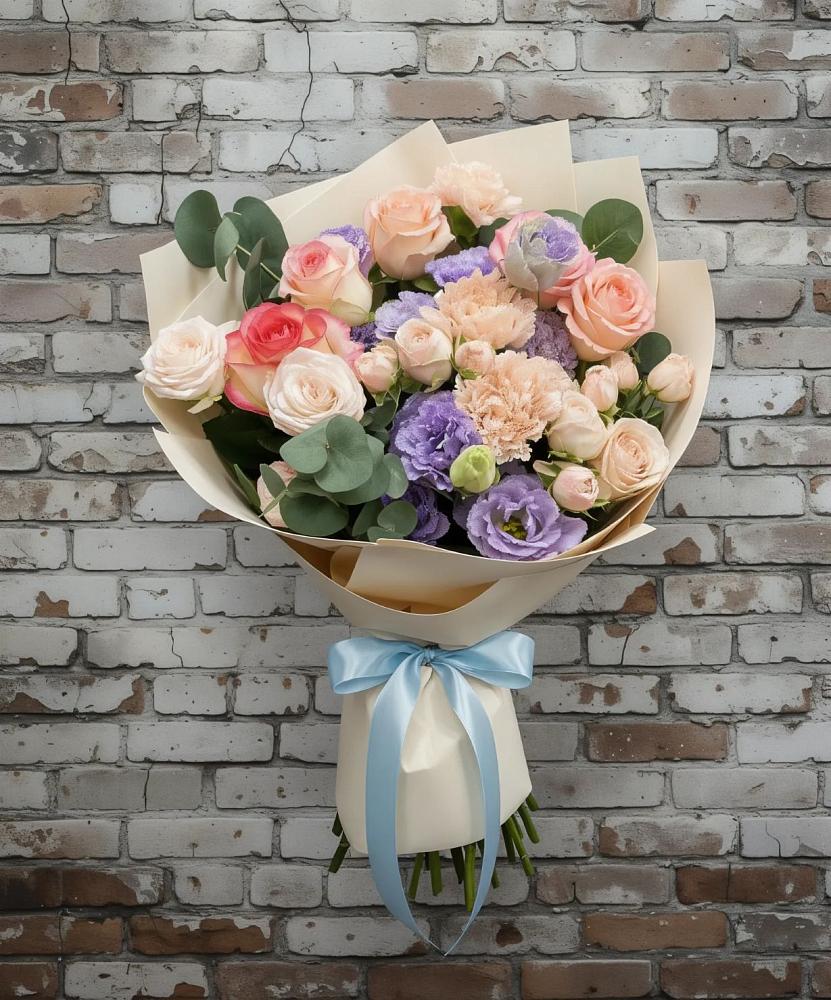 Букет цветов из: Розы, Лизиантусы и Гвоздики в Раздольном Ставропольского края