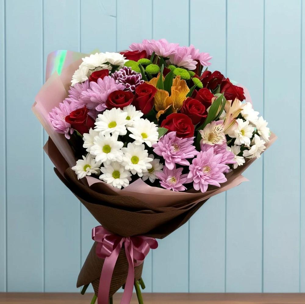 Букет цветов из: Розы, Хризантемы и Альстромерии в Раздольном Ставропольского края