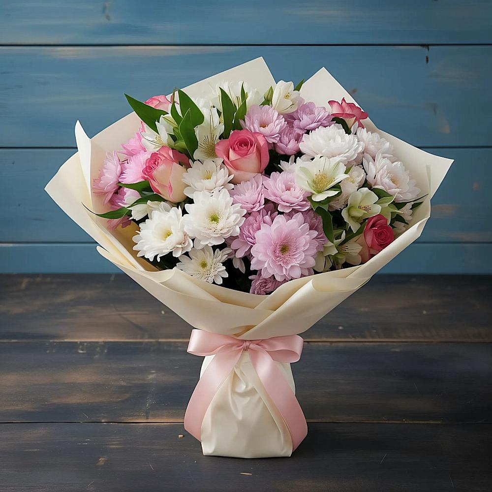 Букет цветов из: Хризантемы, Альстромерии и Розы в Раздольном Ставропольского края